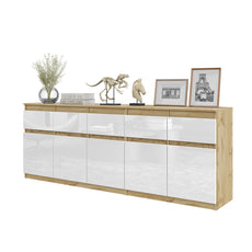 NOAH - Kommode / Sideboard mit 5 Schubladen und 5 Tür - Wotan Eiche / Weiß Gloss H75cm B80cm T35cm