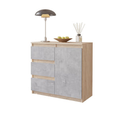 MIKEL - Kommode / Sideboard mit 3 Schubladen und 1 Tür - Sonoma Eiche / Beton-Optik H75cm B80cm T35cm