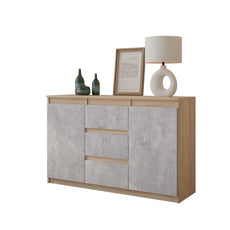 MIKEL - Kommode / Sideboard mit 3 Schubladen und 2 Türen - Sonoma Eiche / Beton-Optik H75cm B120cm T35cm