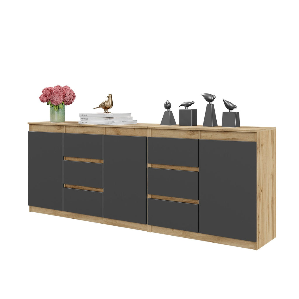 MIKEL - Kommode / Sideboard mit 6 Schubladen und 3 Tür - Wotan Eiche / Anthrazit H75cm B80cm T35cm