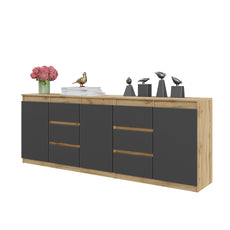 MIKEL - Kommode / Sideboard mit 6 Schubladen und 3 Tür - Wotan Eiche / Anthrazit H75cm B80cm T35cm
