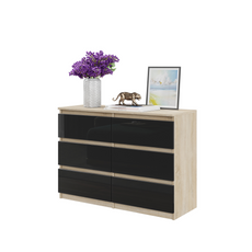 GABRIEL - Kommode / Sideboard mit 6 Schubladen - Sonoma Eiche / Schwarz Gloss H71cm B100cm TD33cm