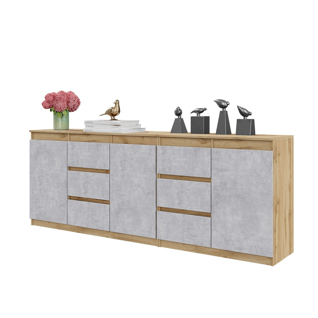 MIKEL - Kommode / Sideboard mit 6 Schubladen und 3 Tür - Wotan Eiche / Beton-Optik H75cm B80cm T35cm