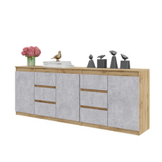 MIKEL - Kommode / Sideboard mit 6 Schubladen und 3 Tür - Wotan Eiche / Beton-Optik H75cm B80cm T35cm