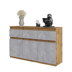 NOAH - Kommode / Sideboard mit 3 Schubladen und 3 Türen - Wotan Eiche / Beton-Optik H75cm B120cm T35cm