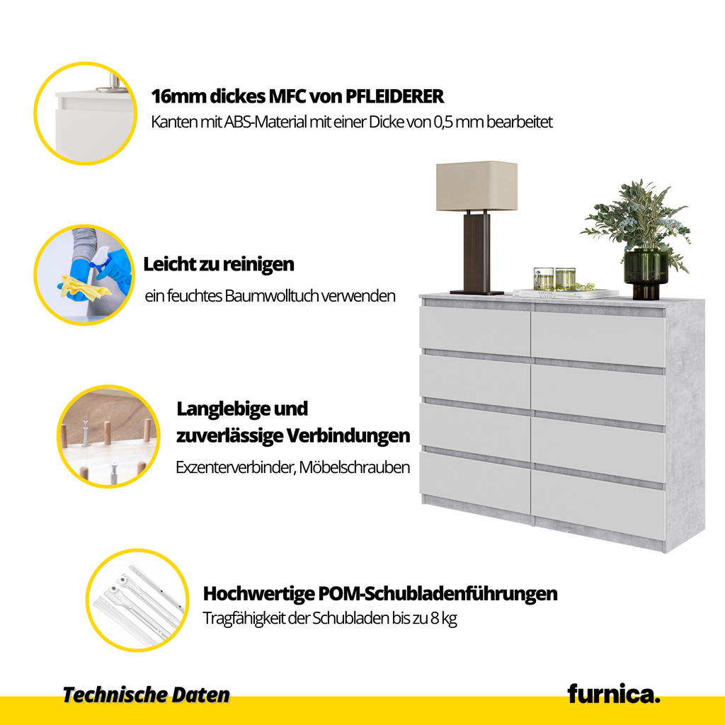 GABRIEL - Kommode / Sideboard mit 8 Schubladen - Beton-Optik /  Weiß Matt H92cm B120cm T33cm