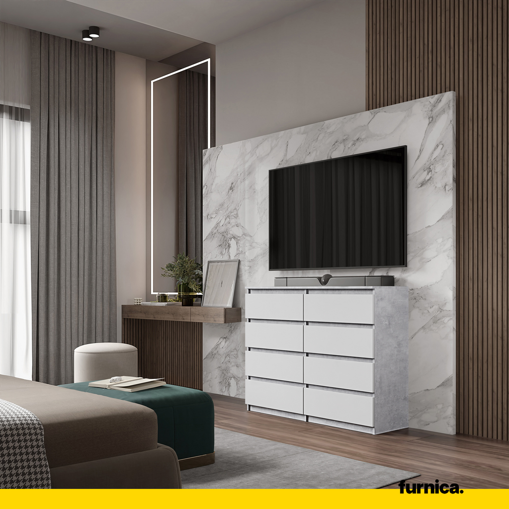 GABRIEL - Kommode / Sideboard mit 8 Schubladen - Beton-Optik /  Weiß Matt H92cm B120cm T33cm