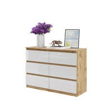 GABRIEL - Kommode / Sideboard mit 6 Schubladen - Wotan Eiche / Weiß Gloss H71cm B100cm TD33cm