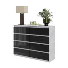 GABRIEL - Kommode / Sideboard mit 8 Schubladen - Beton-Optik / Schwarz Glanz H92cm B120cm T33cm