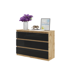 GABRIEL - Kommode / Sideboard mit 6 Schubladen - Wotan Eiche / Schwarz Gloss H71cm B100cm TD33cm