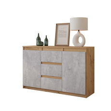 MIKEL - Kommode / Sideboard mit 3 Schubladen und 2 Türen - Wotan Eiche / Beton-Optik H75cm B120cm T35cm