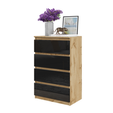 GABRIEL - Kommode / Sideboard mit 4 Schubladen - Wotan Eiche / Schwarz Gloss H92cm B60cm T33cm