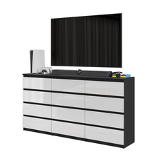 GABRIEL - Kommode / Sideboard mit 12 Schubladen (8+4) - Schwarz Matt / Weiß Gloss H92cm B180cm T33cm