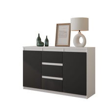 MIKEL - Kommode / Sideboard mit 3 Schubladen und 2 Türen - Weiß Matt / Athrazit Grau H75cm B120cm T35cm