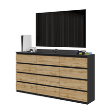 GABRIEL - Kommode / Sideboard mit 12 Schubladen (8+4) - Schwarz Matt / Wotan Eiche H92cm B180cm T33cm