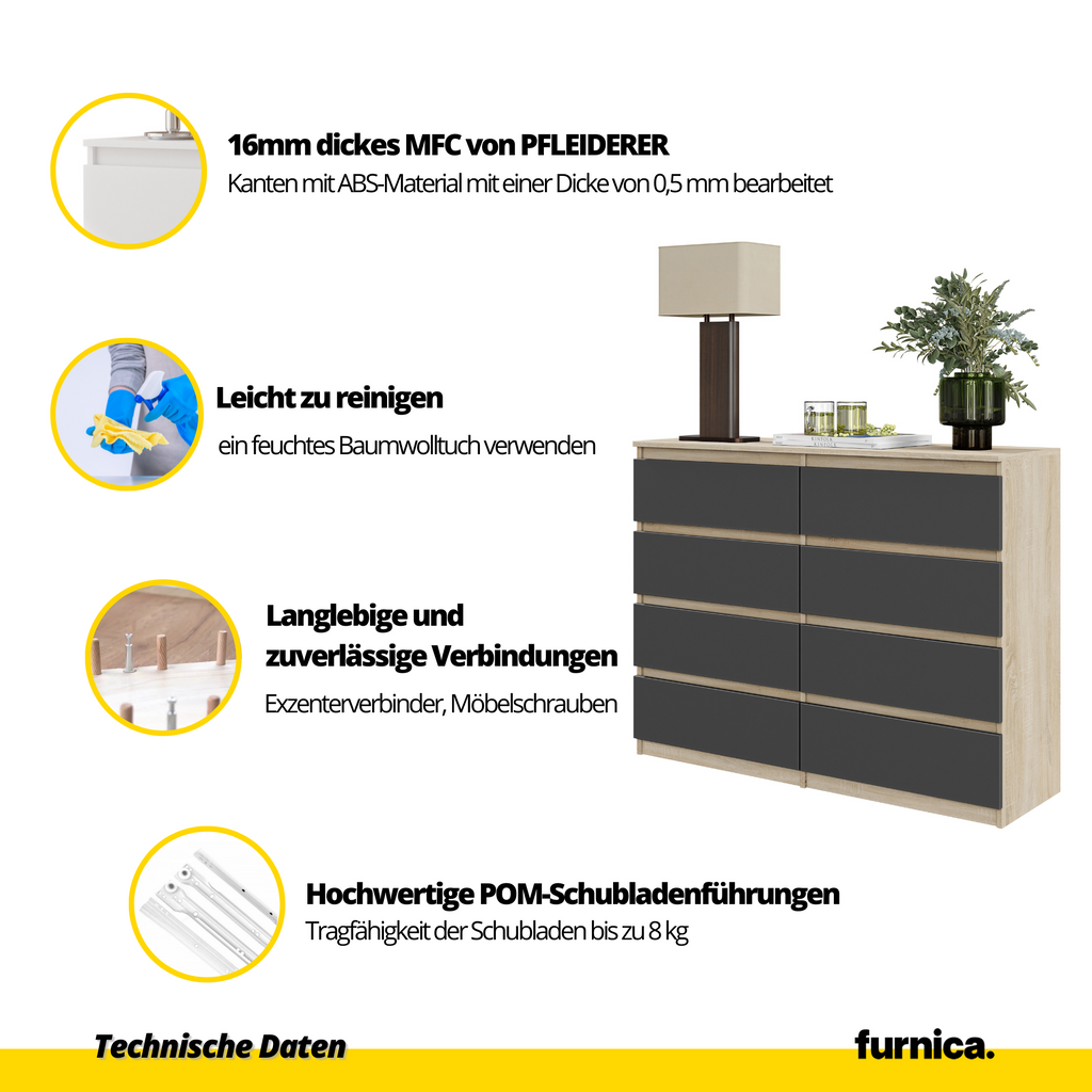GABRIEL - Kommode / Sideboard mit 8 Schubladen - Sonoma Eiche / Anthrazit H92cm B120cm T33cm