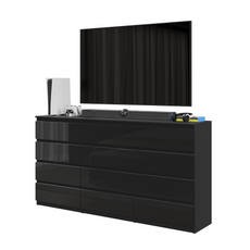 GABRIEL - Kommode / Sideboard mit 12 Schubladen (8+4) - Schwarz Matt / Schwarz Gloss H92cm B180cm T33cm