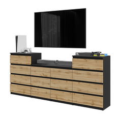 GABRIEL - Kommode / Sideboard mit 14 Schubladen (4+6+4) - Schwarz Matt / Wotan Eiche H92/70cm B220cm T33cm