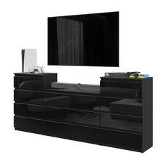 GABRIEL - Kommode / Sideboard mit 14 Schubladen (4+6+4) - Schwarz Matt / Schwarz Gloss H92/70cm B220cm T33cm
