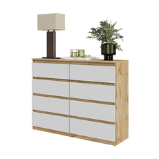 GABRIEL - Kommode / Sideboard mit 8 Schubladen - Wotan Eiche / Weiß Matt H92cm B120cm T33cm