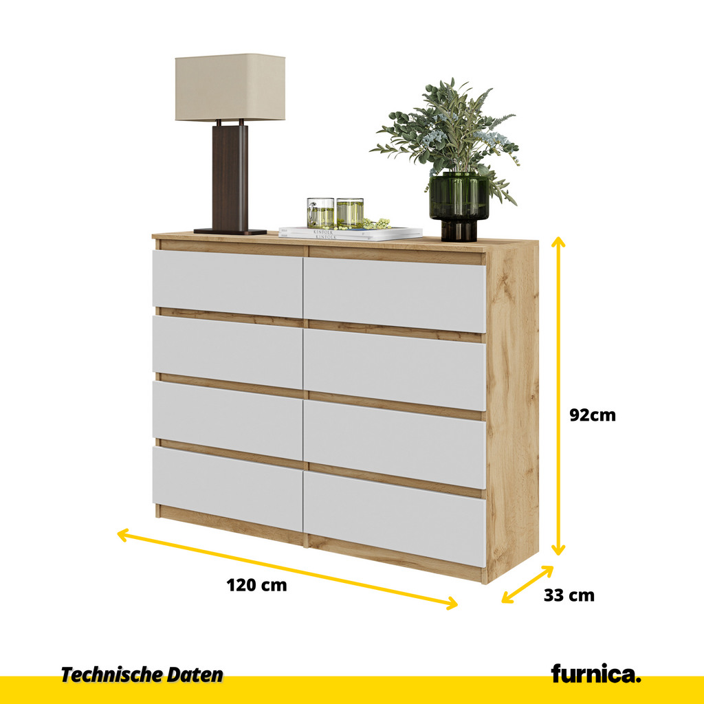 GABRIEL - Kommode / Sideboard mit 8 Schubladen - Wotan Eiche / Weiß Matt H92cm B120cm T33cm