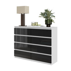 Kommode / Sideboard mit 8 Schubladen - Weiß / Schwarz Gloss H92cm W120cm D33cm