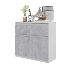 NOAH - Kommode / Sideboard mit 2 Schubladen und 2 Türen - Weiß Matt / Beton-Optik H75cm B80cm T35cm