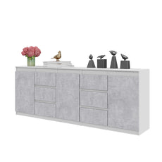 MIKEL - Kommode / Sideboard mit 6 Schubladen und 3 Tür - Weiß Matt / Beton-Optik H75cm B80cm T35cm