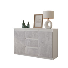 MIKEL - Kommode / Sideboard mit 3 Schubladen und 2 Türen - Weiß Matt / Beton-Optik H75cm B120cm T35cm