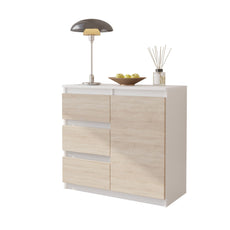 MIKEL - Kommode / Sideboard mit 3 Schubladen und 1 Tür - Weiß Matt / Sonoma Eiche H75cm B80cm T35cm