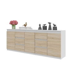 MIKEL - Kommode / Sideboard mit 6 Schubladen und 3 Tür - Weiß Matt / Sonoma Eiche H75cm B80cm T35cm