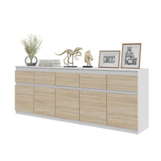 NOAH - Kommode / Sideboard mit 5 Schubladen und 5 Tür - Weiß Matt / Sonoma Eiche H75cm B80cm T35cm
