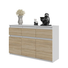 NOAH - Kommode / Sideboard mit 3 Schubladen und 3 Türen - Weiß Matt / Sonoma Eiche H75cm B120cm T35cm