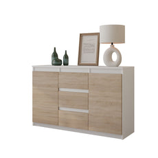 MIKEL - Kommode / Sideboard mit 3 Schubladen und 2 Türen - Weiß Matt / Sonoma Eiche H75cm B120cm T35cm
