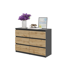 GABRIEL - Kommode / Sideboard mit 6 Schubladen - Anthrazit / Wotan Eiche H71cm B100cm T33cm