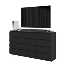 GABRIEL - Kommode / Sideboard mit 12 Schubladen (8+4) - Schwarz Matt H92cm W180cm D33cm