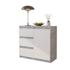 MIKEL - Kommode / Sideboard mit 3 Schubladen und 1 Tür - Beton-Optik / Weiß Matt H75cm B80cm T35cm