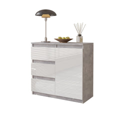 MIKEL - Kommode / Sideboard mit 3 Schubladen und 1 Tür - Beton-Optik / Weiß Gloss H75cm B80cm T35cm