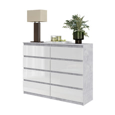 GABRIEL - Kommode / Sideboard mit 8 Schubladen - Beton-Optik / Weiß Gloss H92cm B120cm T33cm