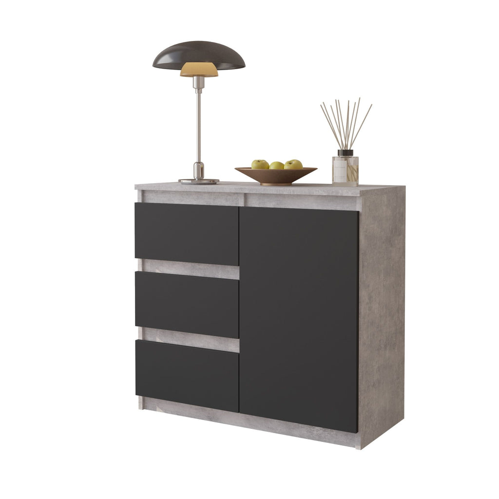 MIKEL - Kommode / Sideboard mit 3 Schubladen und 1 Tür - Beton-Optik / Anthrazit Grau H75cm B80cm T35cm