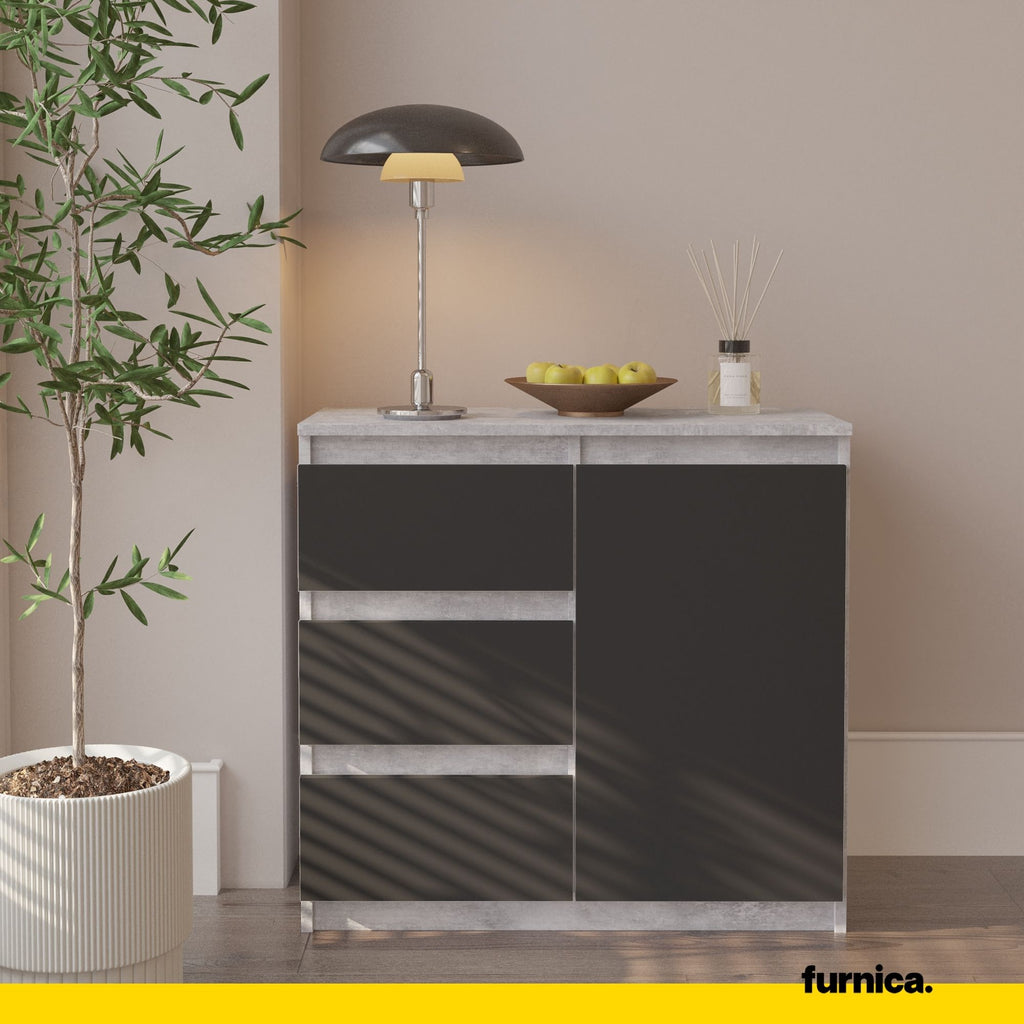 MIKEL - Kommode / Sideboard mit 3 Schubladen und 1 Tür - Beton-Optik / Anthrazit Grau H75cm B80cm T35cm