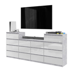 GABRIEL - Kommode / Sideboard mit 14 Schubladen (4+6+4) - Beton-Optik / Weiß Gloss H92/70cm B220cm T33cm