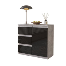 MIKEL - Kommode / Sideboard mit 3 Schubladen und 1 Tür - Beton-Optik / Schwarz Gloss H75cm B80cm T35cm
