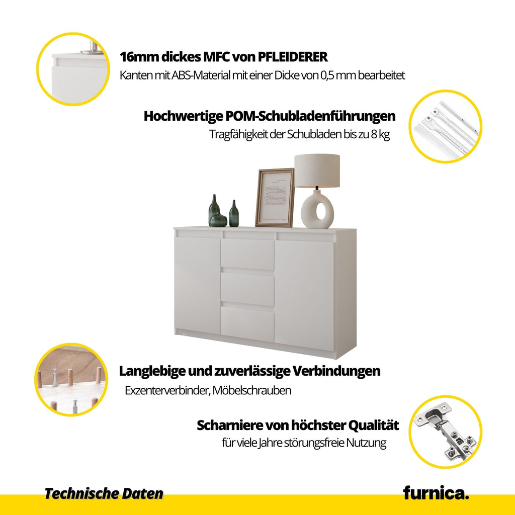 MIKEL - Kommode / Sideboard mit 3 Schubladen und 2 Türen - Wotan Eiche / Weiß Matt H75cm B120cm T35cm