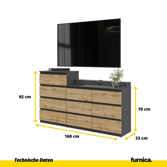 GABRIEL - Kommode / Sideboard mit 10 Schubladen (6+4) - Anthrazit Grau / Wotan Eiche H92/70cm B160cm T33cm – Furnica