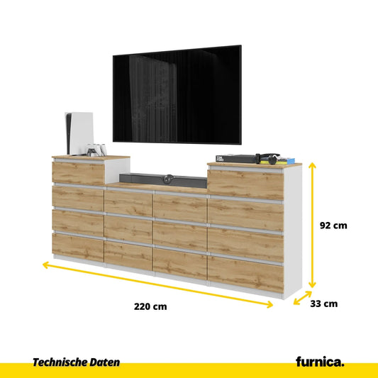 GABRIEL - Kommode / Sideboard mit 14 Schubladen (4+6+4) - Weiß Matt / Wotan Eiche H92/70cm B220cm T33cm – Furnica