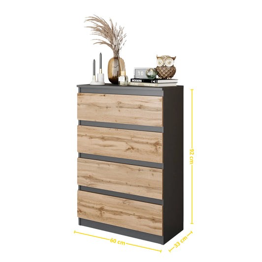 GABRIEL - Kommode / Sideboard mit 4 Schubladen - Anthrazit Grau / Wotan Eiche H92cm B60cm T33cm – Furnica