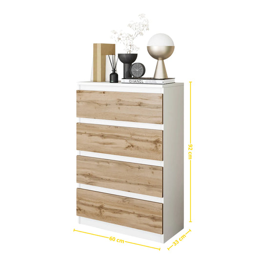 GABRIEL - Kommode / Sideboard mit 4 Schubladen - Weiß Matt / Wotan Eiche H92cm B60cm T33cm – Furnica