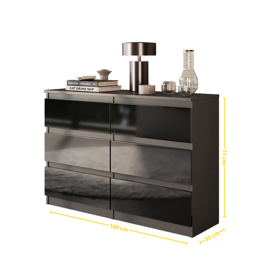 GABRIEL - Kommode / Sideboard mit 6 Schubladen - Anthrazit / Schwarz Gloss H71cm B100cm TD33cm – Furnica