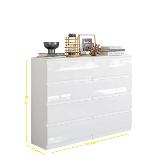 GABRIEL - Kommode / Sideboard mit 8 Schubladen - Weiß Gloss H92cm B120cm T33cm – Furnica
